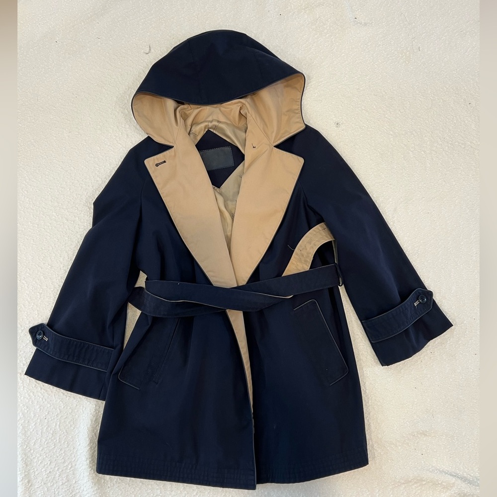 Vintage Etienne Aigner Navy & Tan Hooded Trench Coat - Leather Trim - Sz 10